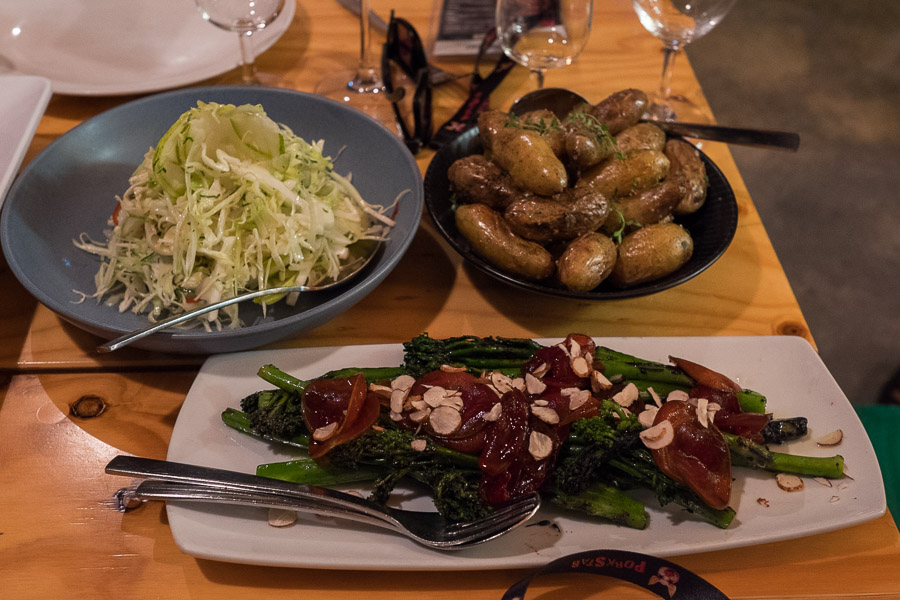 Sides - cabbage, witlof and pear salad with sherry vinegar dressing; local Kipfler potatoes with lemon thyme and dripping; charcoal roasted broccolini with shaved blood plum and sandalwood nut