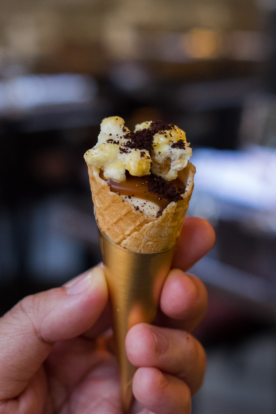 Wattleseed, caramel and popcorn ice cream cone