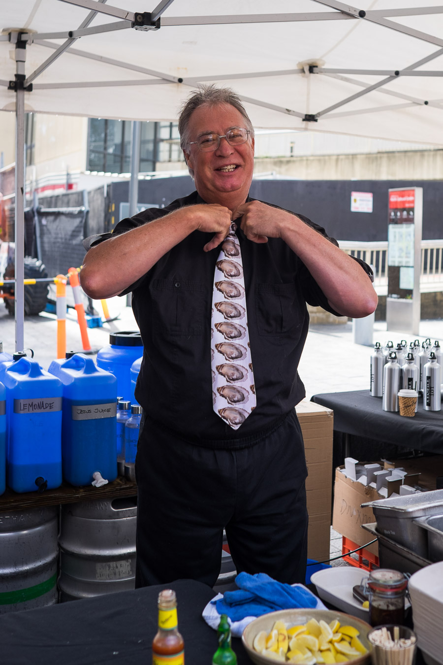 I caught Jerry Fraser putting  on his oyster tie.