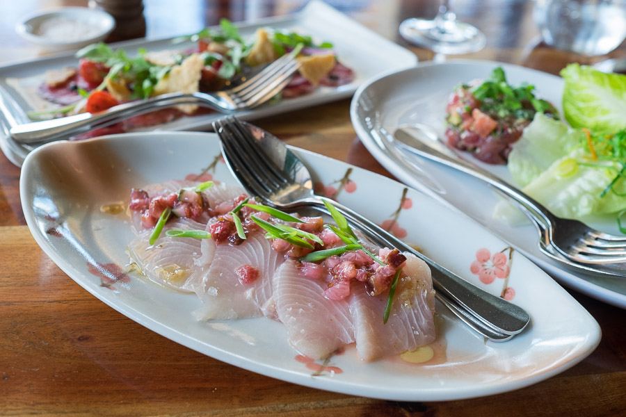 Hiramasa kingfish with pink grapefruit, fig with peppercorn vinaigrette (this is small, AU$28; large is $45)