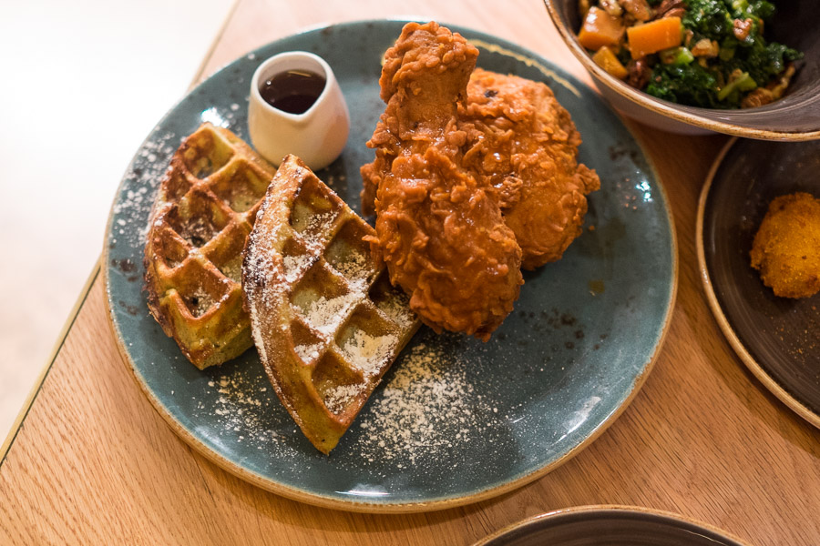 Chicken and waffles (AU$25) - buttermilk fried chicken, rosemary waffle and spiced maple syrup.