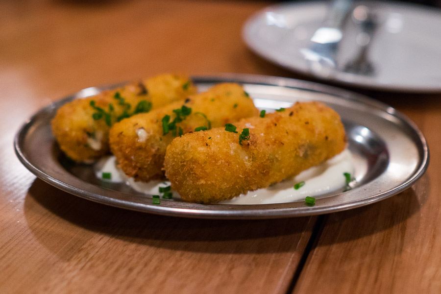 Smoked mackerel croquettes with sour cream and chives (AU$10) 