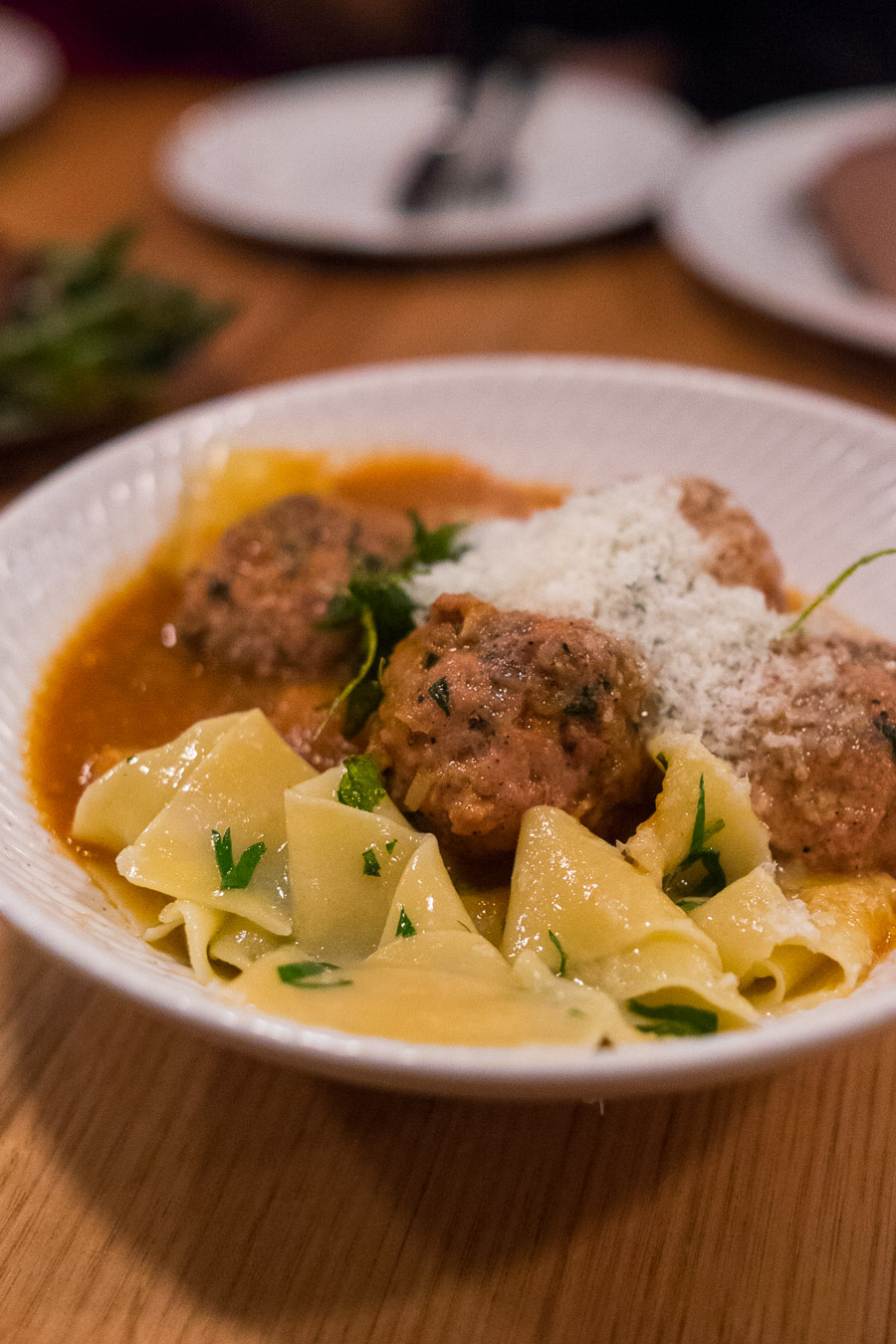 Spaghetti and meatballs (AU$19) - pork and sage meatballs, hand-rolled pasta (not spaghetti!), roast tomato and garlic.