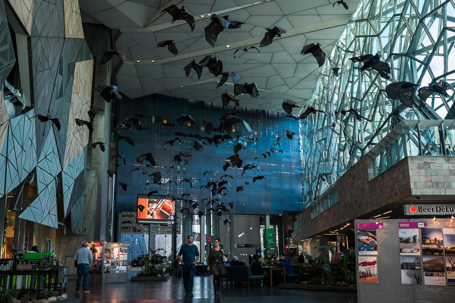 'Batmania' by Kathy Holowko at Federation Square Atrium. The installation features 200 flying bats.