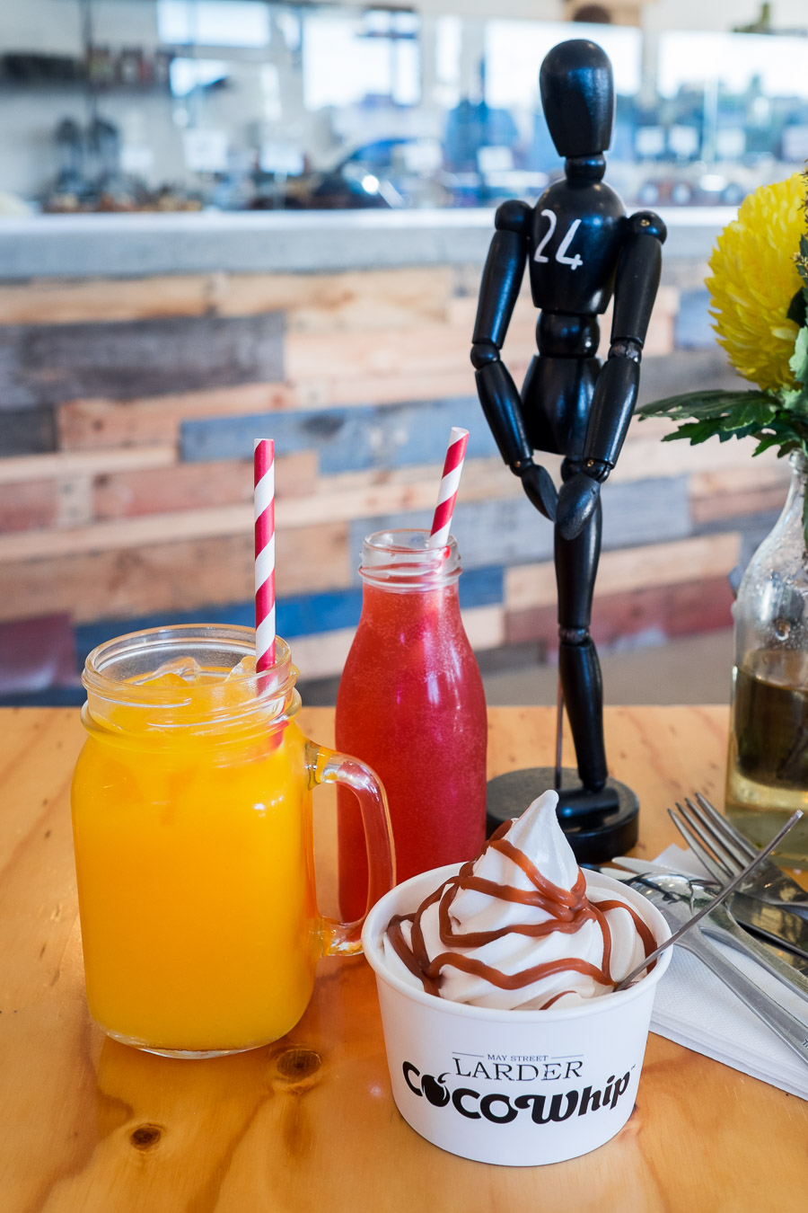 Raspberry, vanilla and lime housemade soda (AU$4), fresh organic orange juice (AU$7.50) and CocoWhip Original (AU$7) with salted caramel topping (AU$1). Stripey paper straws have twee appeal but are as impractical as they are photogenic - this one didn't last the entire jar of orange juice: liquid plus paper equals pulp.