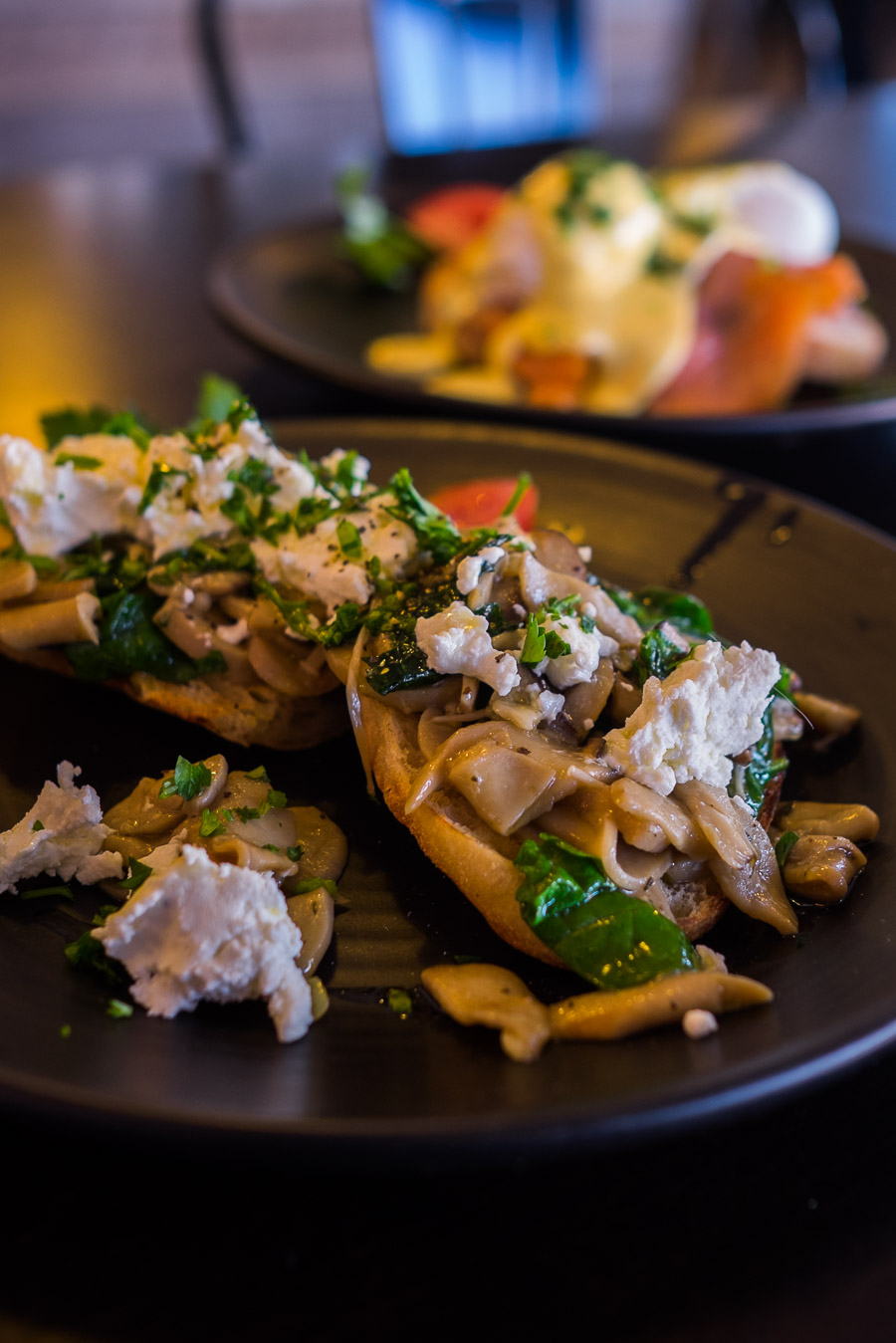 Wild mushroom bruschetta (AU$17.50) - sauteed mushrooms, wilted spinach, Meredith  Chevre goat's cheese, drizzled in Great Southern truffle oil.