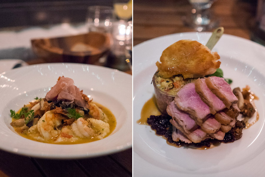 Left to right: Shrimp and grits with smoked prosciutto, roasted red peppers, beech mushrooms and lobster broth(US$37); Roasted duck breast with roasted corn maque choux, spoon bread, chanterelle mushroom, duck confit (US$39)