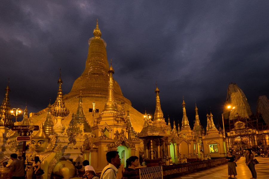 The Shwedagon Pagoda is most visually spectacular at night when it is lit up. 