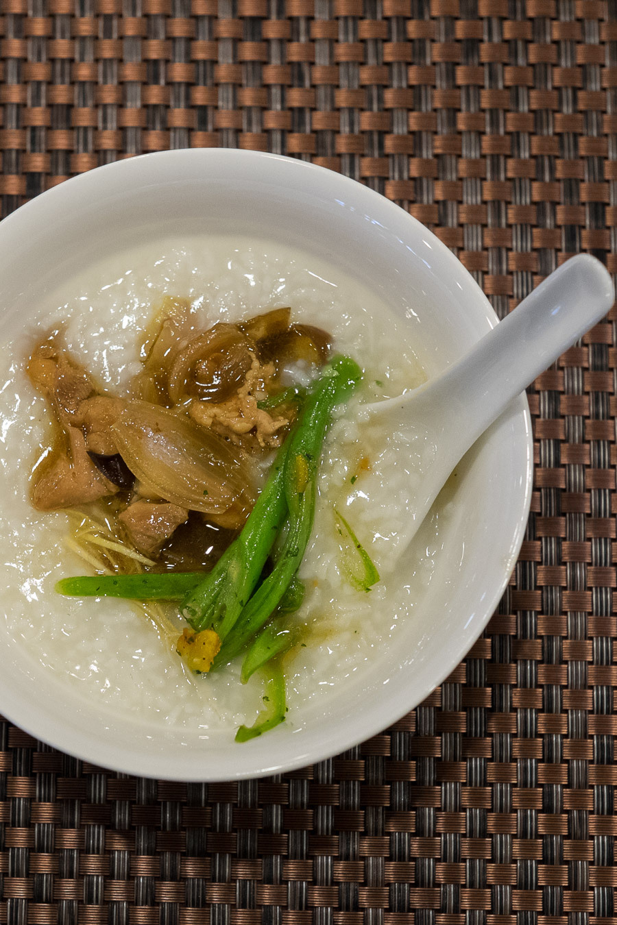 Rice porridge (congee)  with chicken and green beans