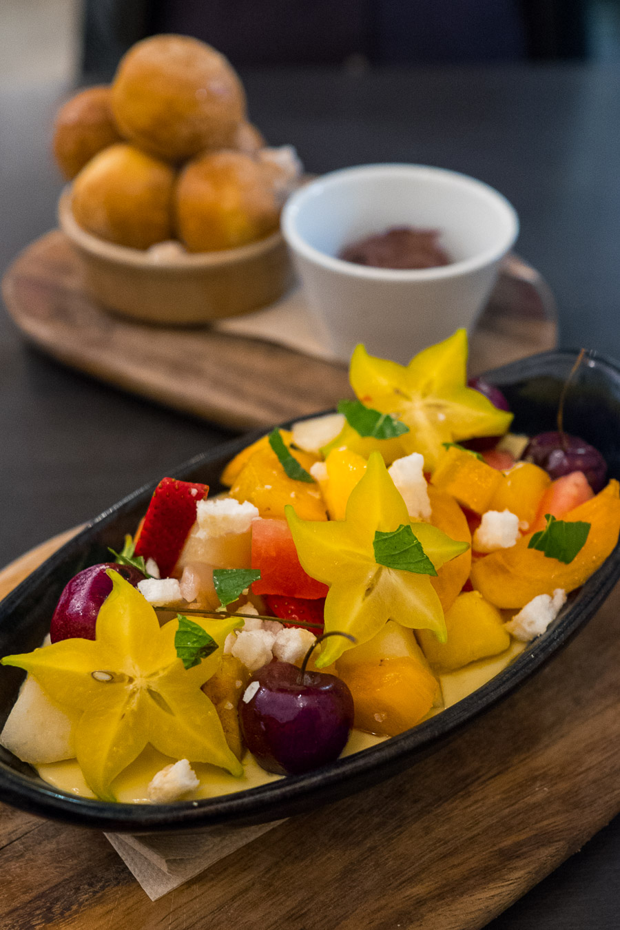 Exotic fruits, mango pannacotta, salt + vinegar crisps (AU$14)