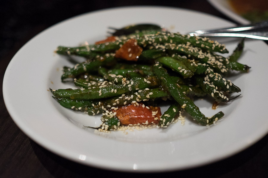 Dry-fried green beans with with miso, chilli & sesame seeds (AU$10)
