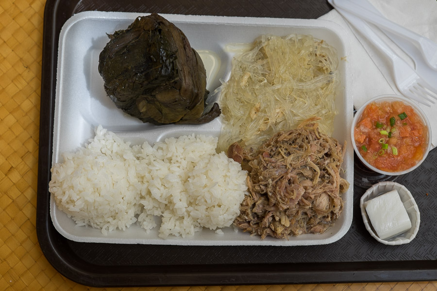 Local Boy Special - Lau Lau, Kalua Pig, Chicken Long Rice, Lomi Salmon, Haupia (US$12.25)