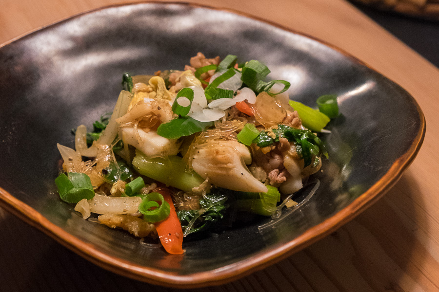 Stir-fried glass noodles with cured pork and squid