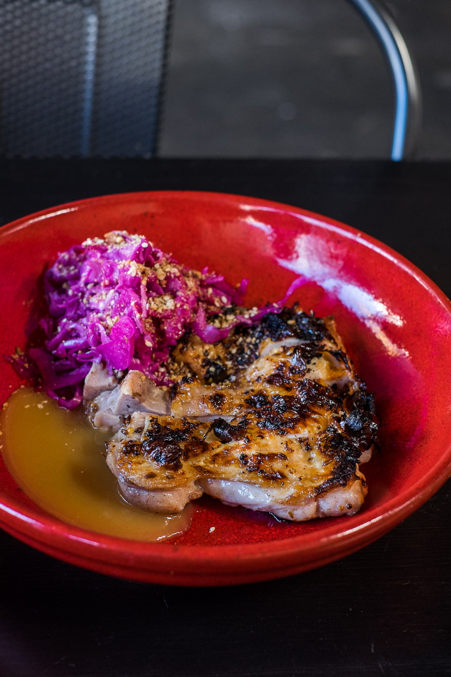 Wood-roasted chicken pieces, red cabbage, miso sauce (AU$21)